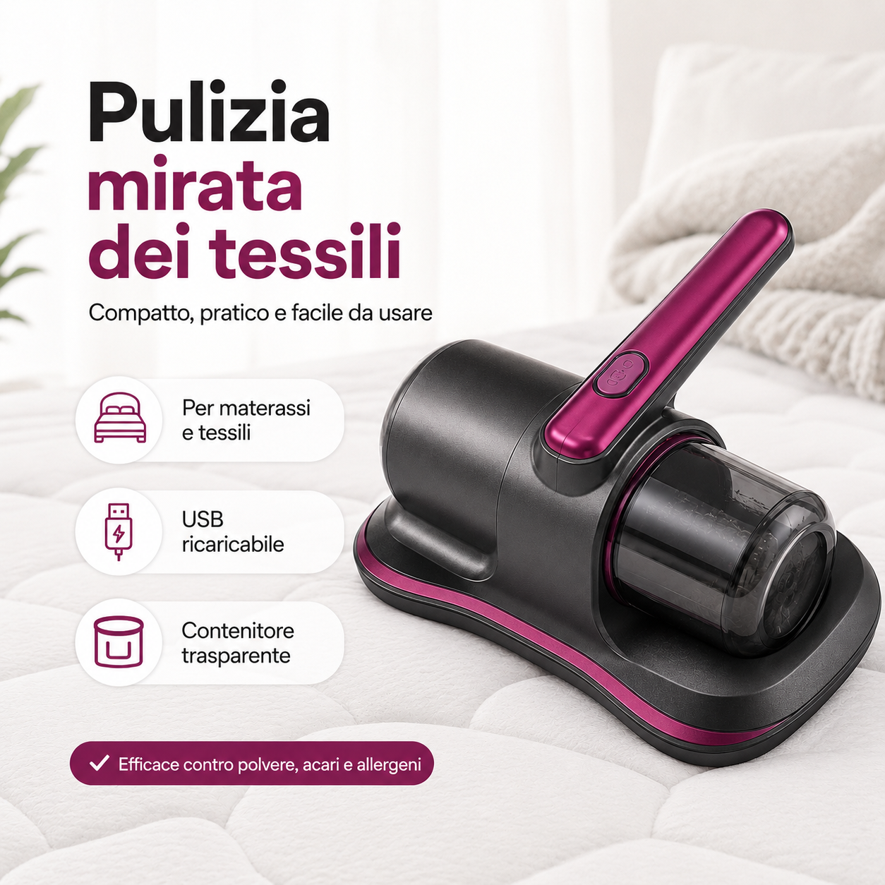 PureNido™ DustCare – Aspirapolvere USB per Materassi, Divani e Tessili