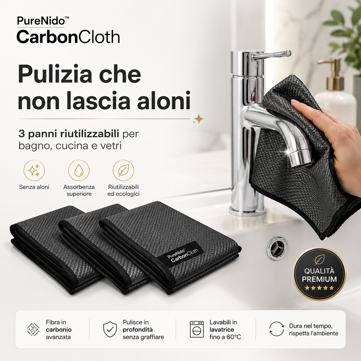 PureNido™ CarbonCloth – Panni in Fibra di Carbonio 3 Pezzi
