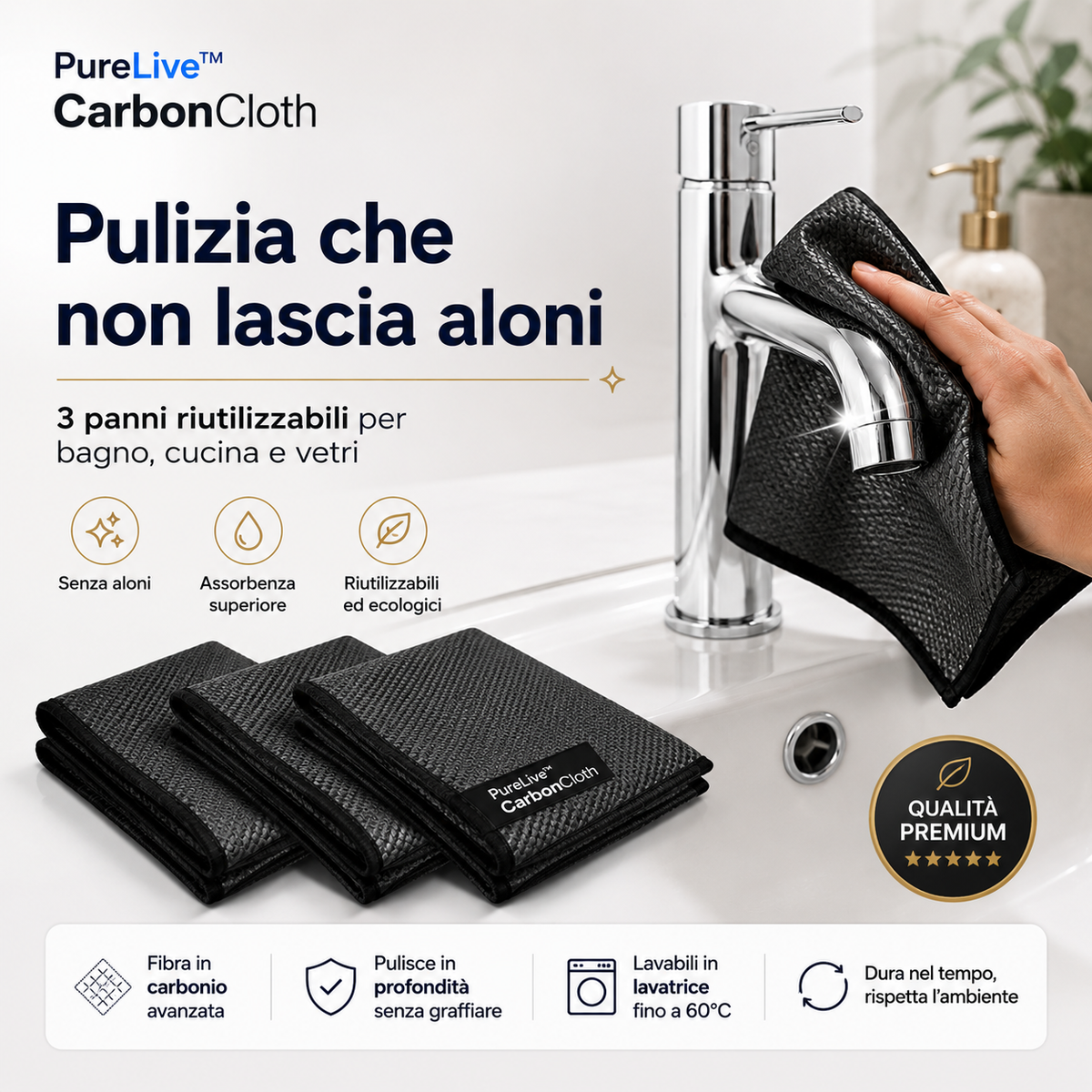 PureLive™ CarbonCloth – Panni in Fibra di Carbonio 3 Pezzi